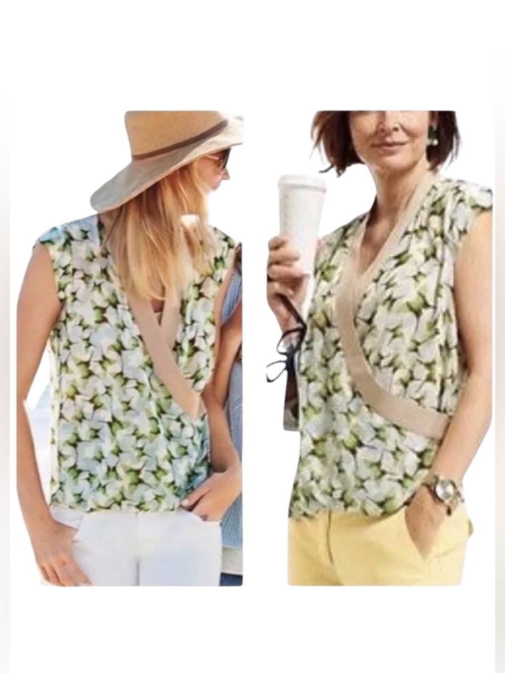 CABI style #234 BUTTERFLY WRAP green/tan semi sheer cap sleeve top size Large